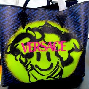 Versace Graffiti Smiley Tote Neon Green and Blue